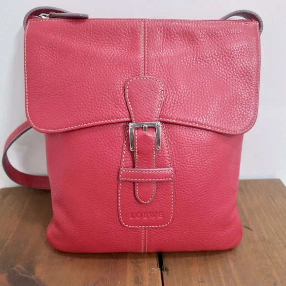 LOEWE Vintage Cherry Red Pebbled Calfskin Leather Crossbody Bag 8.5x10